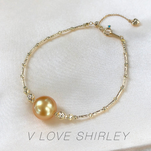 天然浅金日落金色海水南洋金珠18k金调节珍珠手链 路路通手链