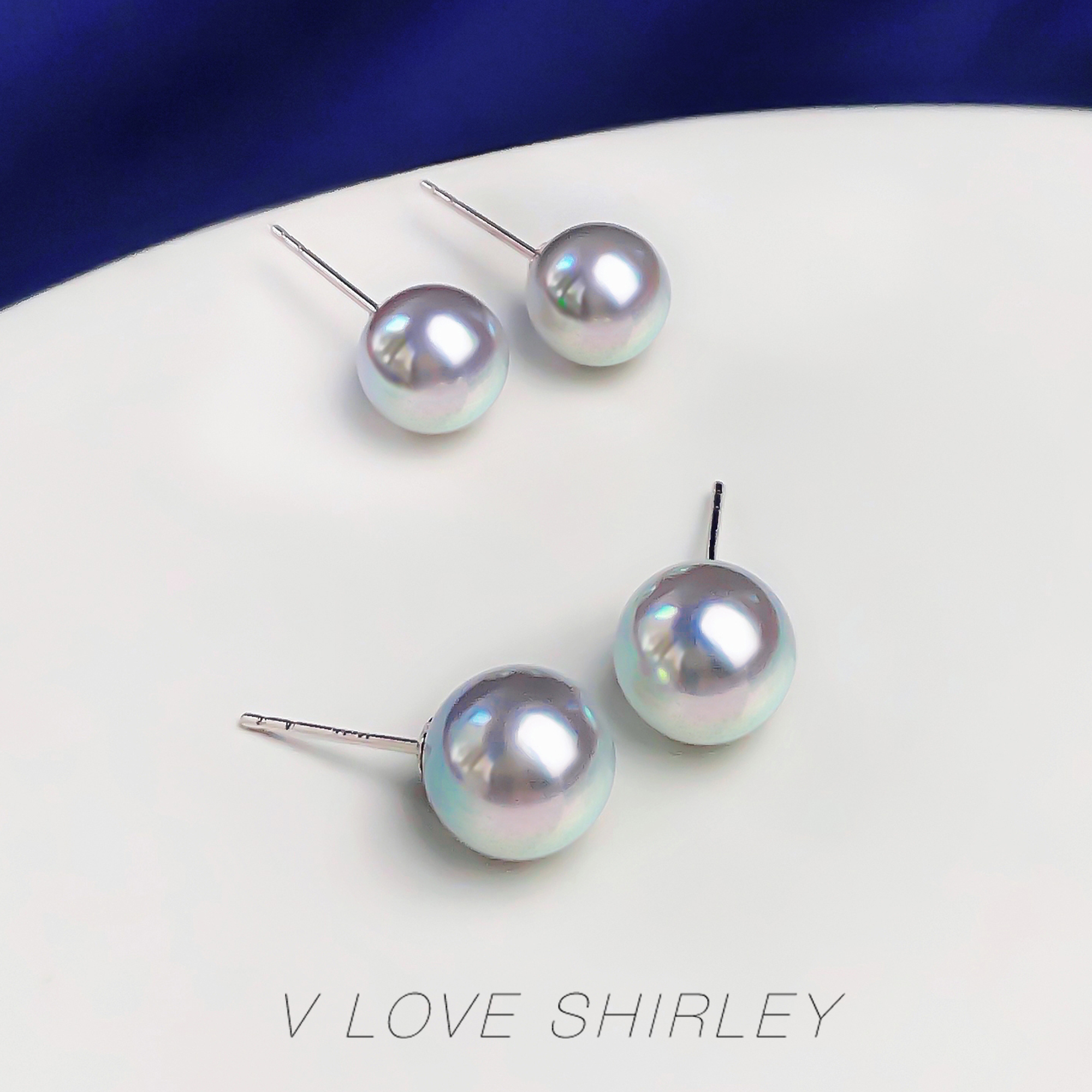 银灰蓝akoya海水珍珠耳钉