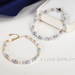 薇爱秀丽akoya海水珠天然混彩珍珠手链女18k金可调节 缤纷糖果