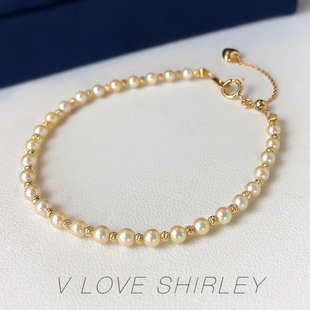 『小确幸』超迷你小点位akoya香槟金海水珍珠手链18k金镭射金球