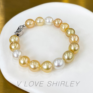 南洋金珠澳白珍珠混彩手链天然海水珍珠跳色大颗手串 金白混彩