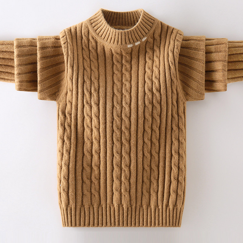 男童毛衣秋冬加绒圆领麻花纹针织衫中大童保暖打底衫咖啡色长袖