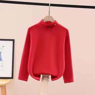 男童半高领德绒打底衫女童加绒保暖内搭上衣红色长袖百搭上衣洋气