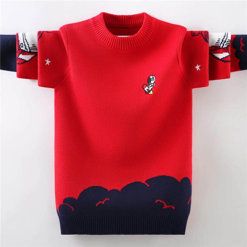 男童红色纯棉毛衣学生洋气圆领毛线衣中大童针织加绒加厚打底衫
