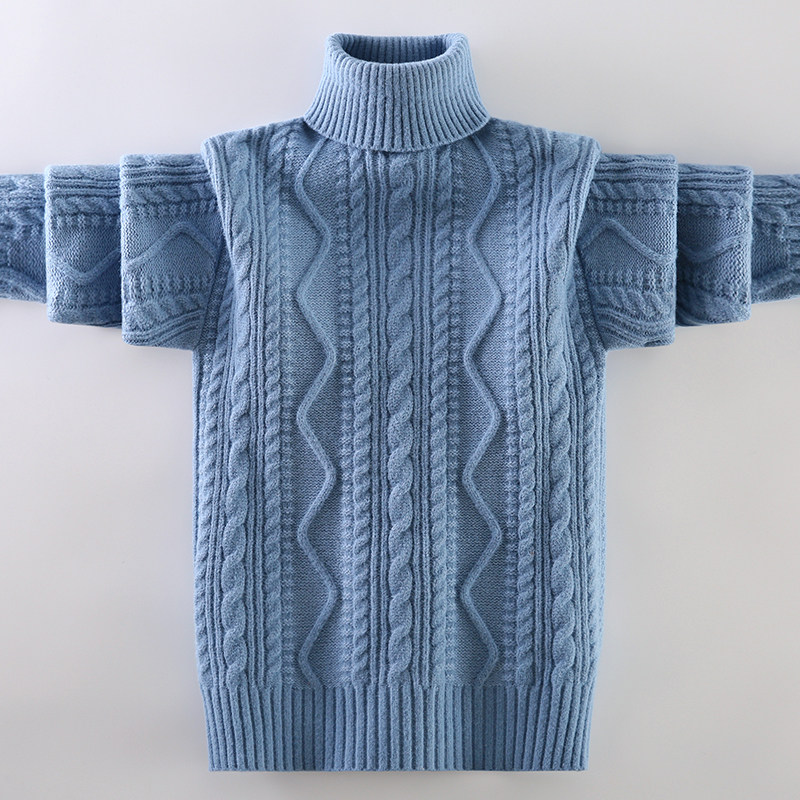 男童毛衣麻花高领针织衫男孩女童通用长袖加绒保暖套头毛衣蓝色
