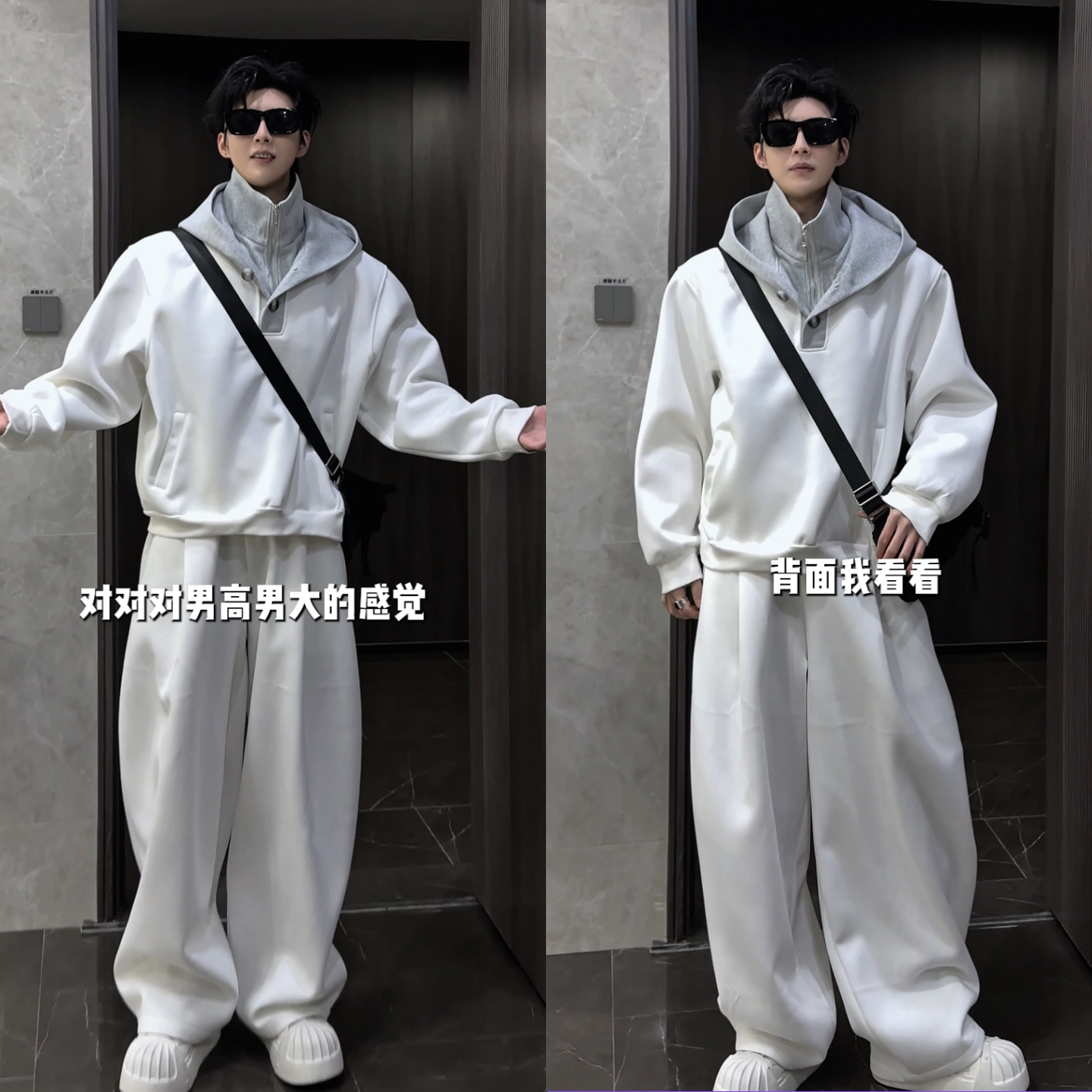 美式潮流拼接假两件套装春季新品男士潮流大连帽卫衣阔腿裤两件套