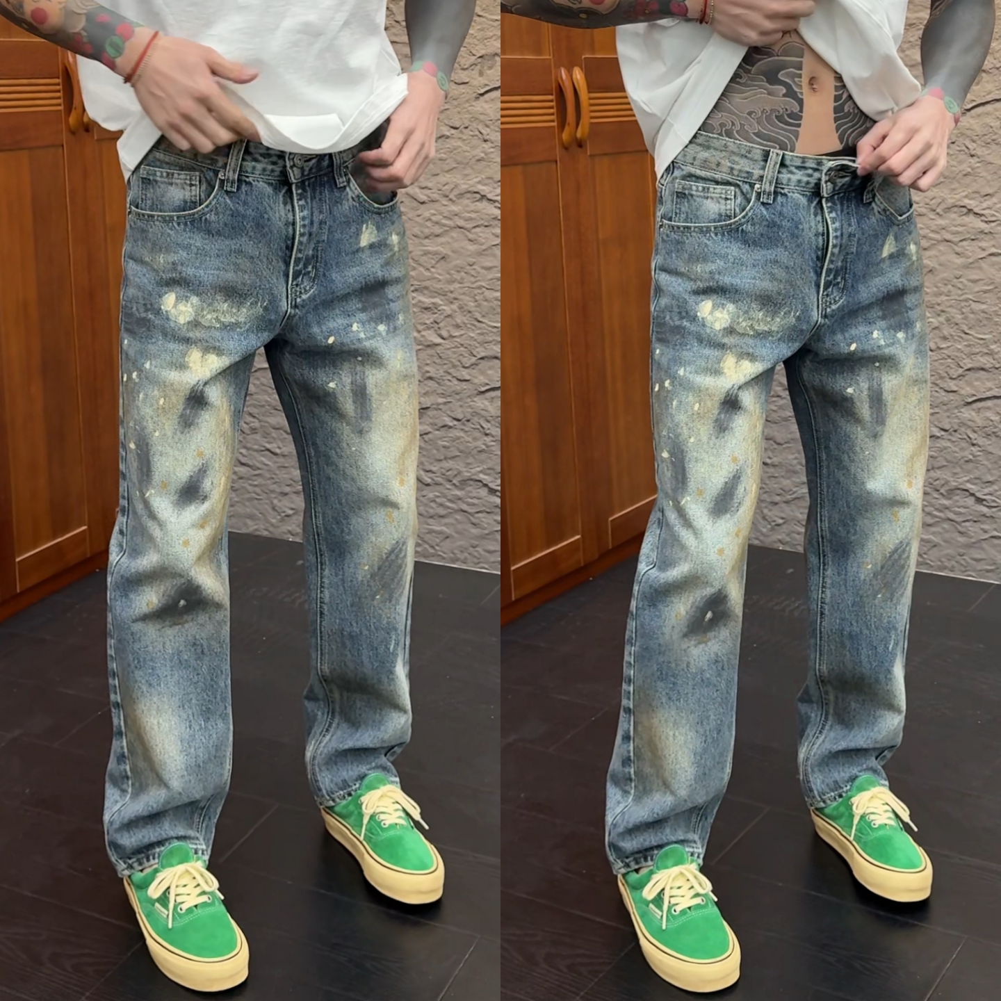 冬季新款痞帅美式潮牌泼墨涂鸦做旧牛仔裤男士潮流百搭直筒休闲裤