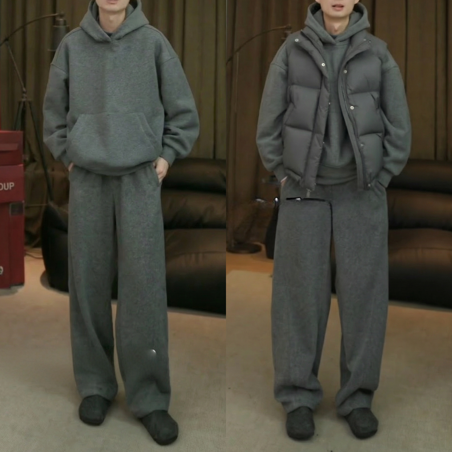 冬款简约男士加绒款休闲套装痞帅立体廓形连帽卫衣休闲裤时尚套装