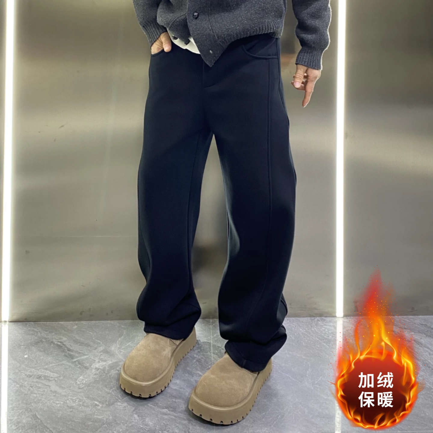 冬季男士重磅加绒加厚小弯刀休闲卫裤简约微宽松美式保暖休闲长裤