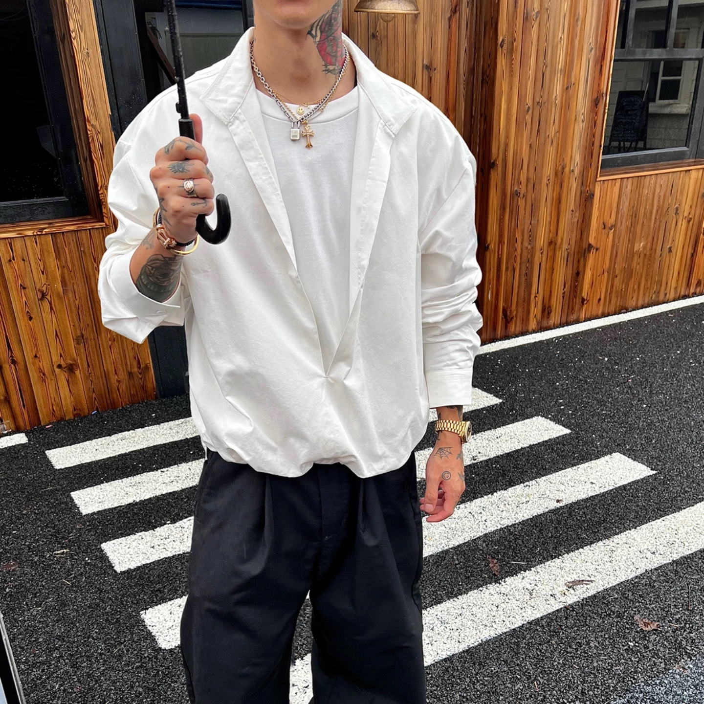秋季新款男士时尚假两件背心衬衫收底摆设计叠穿层次感休闲上衣潮