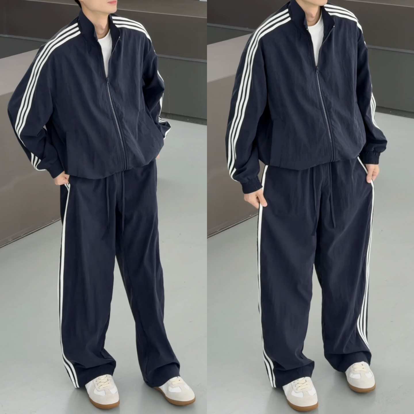 春季新款户外休闲运动风美式潮牌拼接条纹透气拉链夹克休闲裤套装