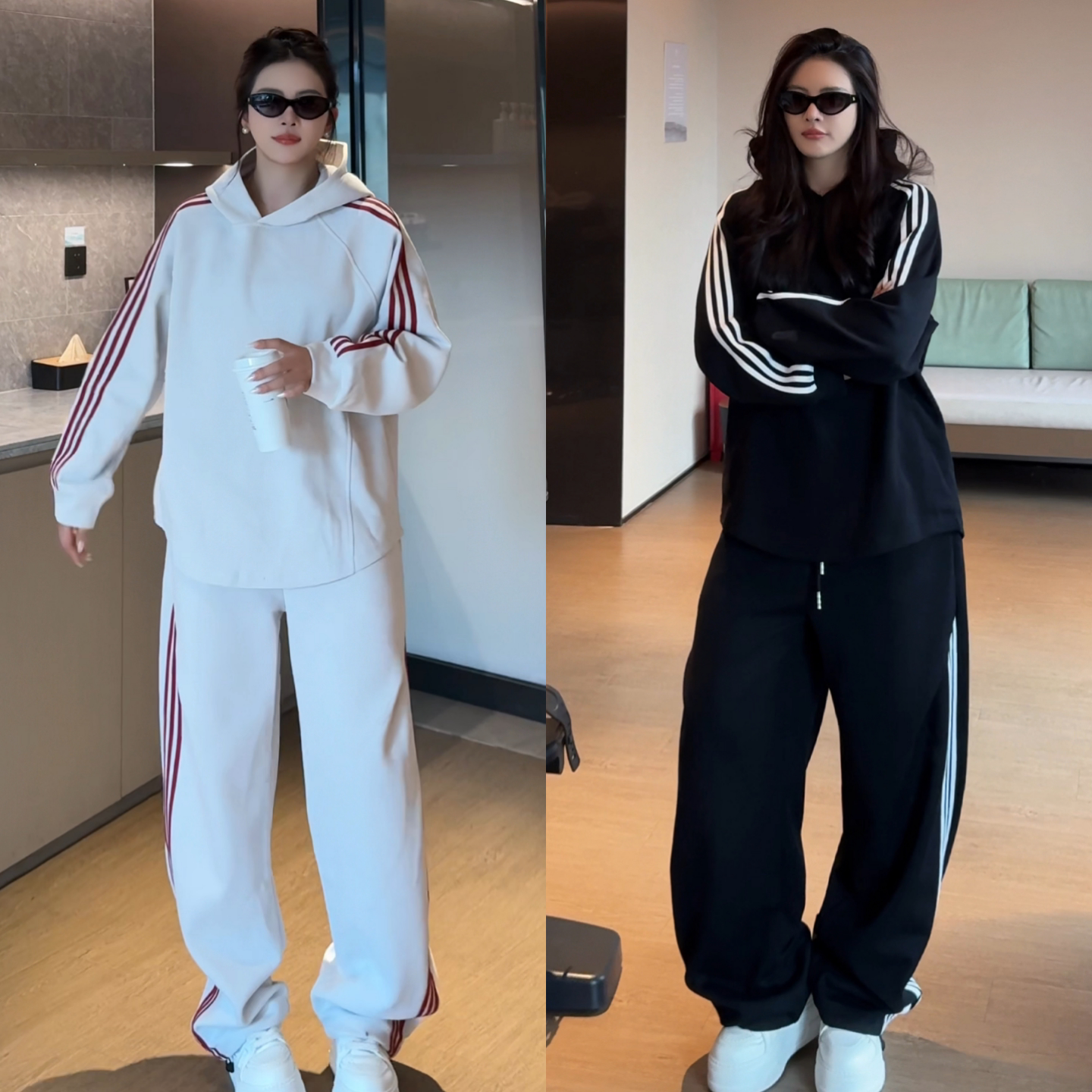 美式三条杠秋季新款痞帅潮流拼接连帽长袖卫衣休闲裤套装男女同款