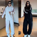 美式三条杠秋季新款痞帅潮流拼接连帽长袖卫衣休闲裤套装男女同款