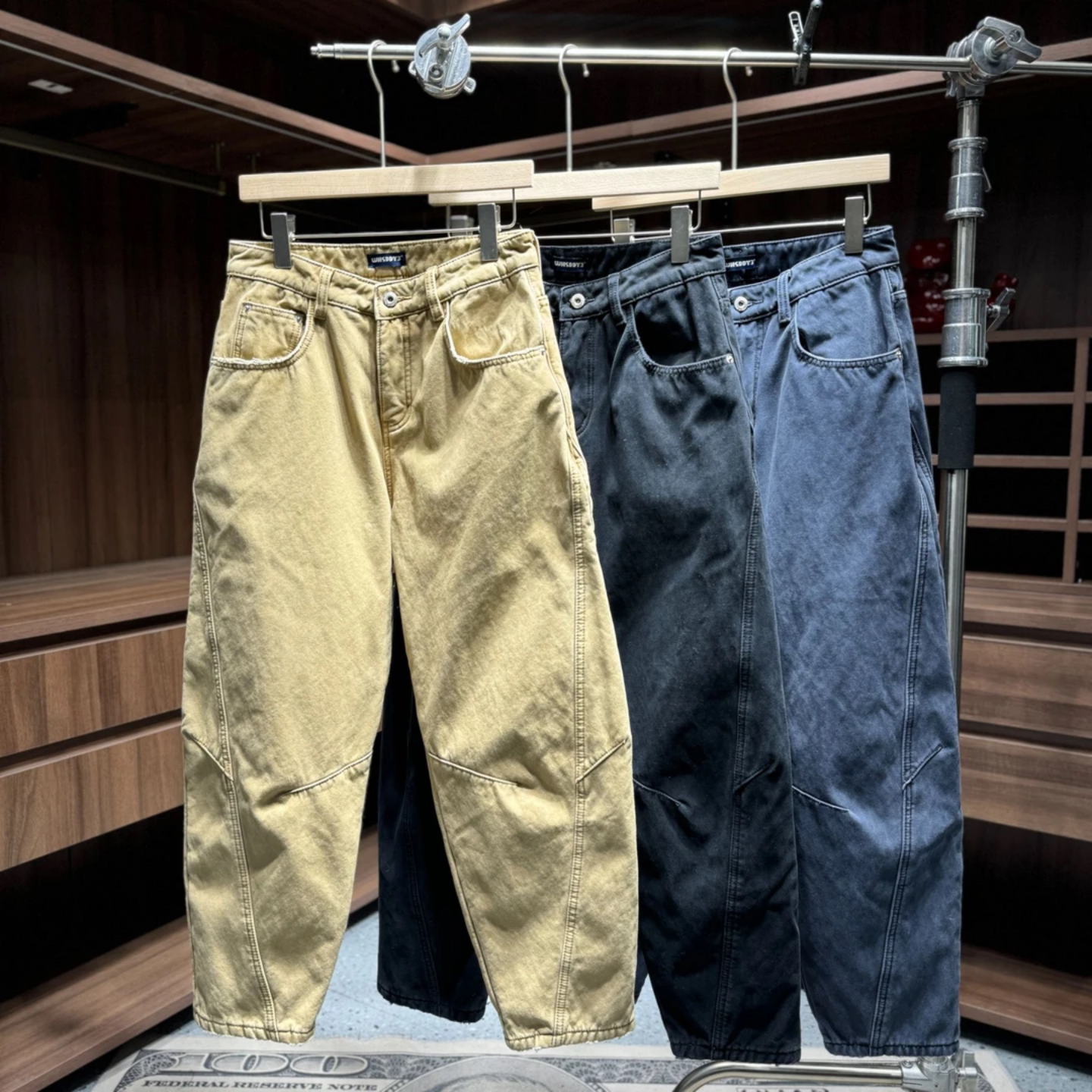 冬季新款简约时尚男士重磅水洗直筒牛仔裤美式立体剪裁工装伐木裤