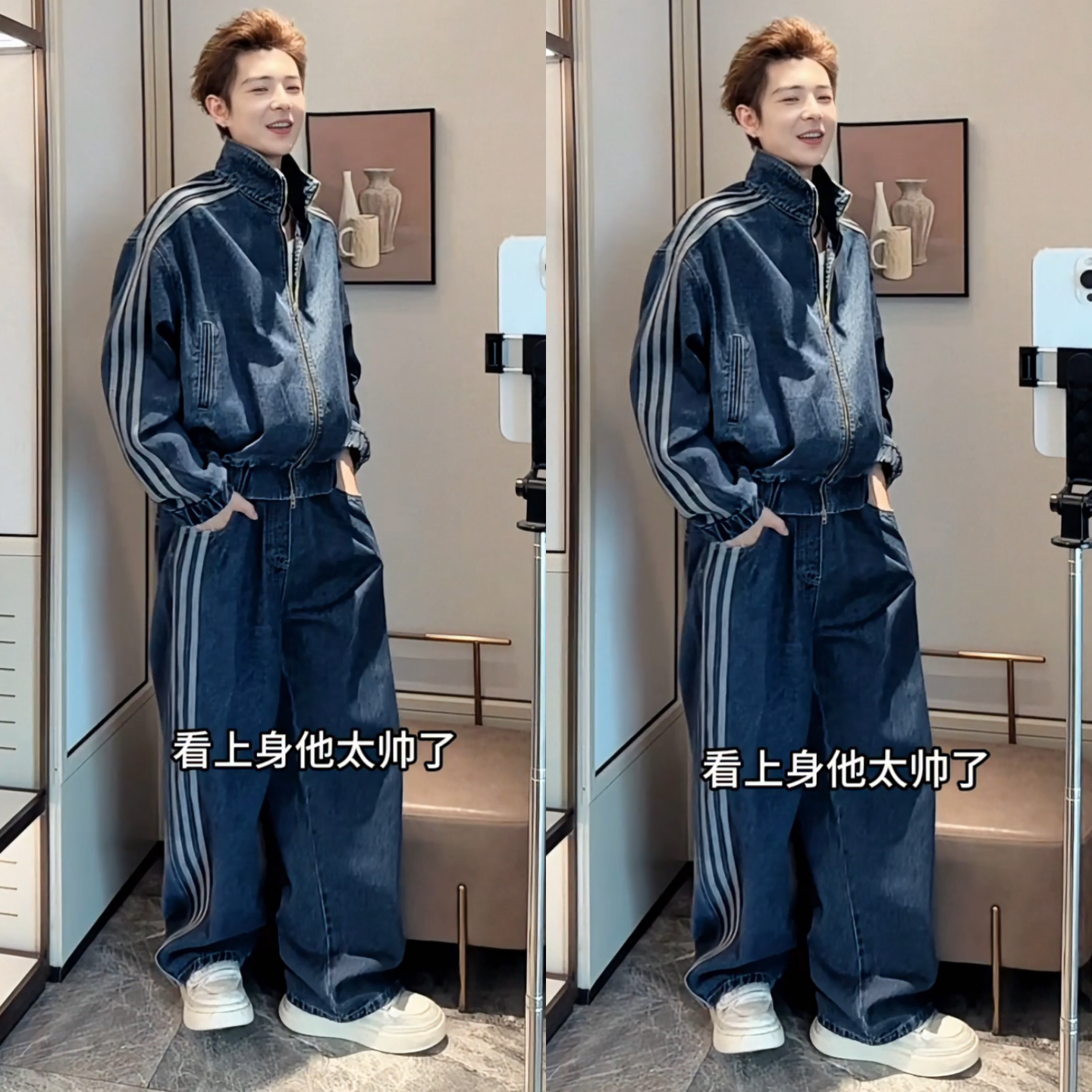 冬季新款美式复古男士休闲重磅三条杠拼接立领夹克休闲裤牛仔套装