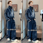 冬季新款美式复古男士休闲重磅三条杠拼接立领夹克休闲裤牛仔套装