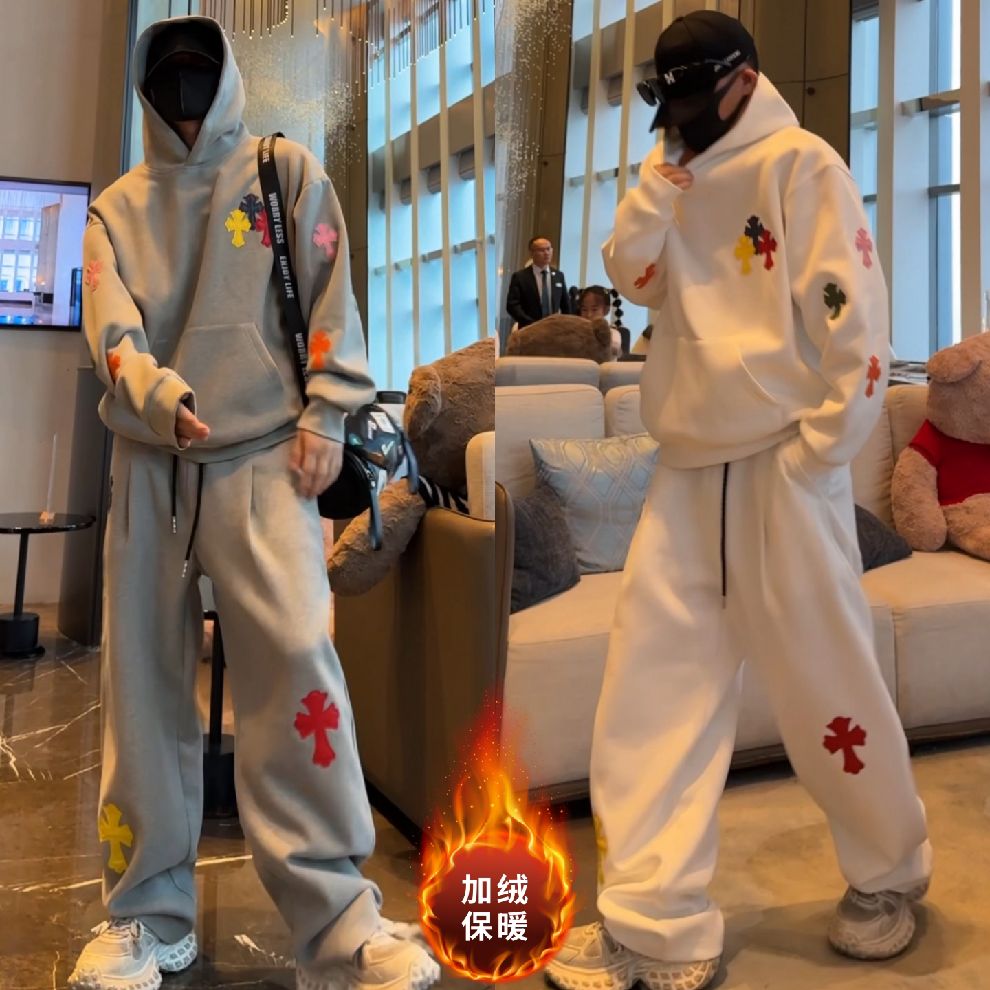 美式潮牌休闲套装秋季新款男士彩色十字标连帽卫衣潮流休闲裤套装