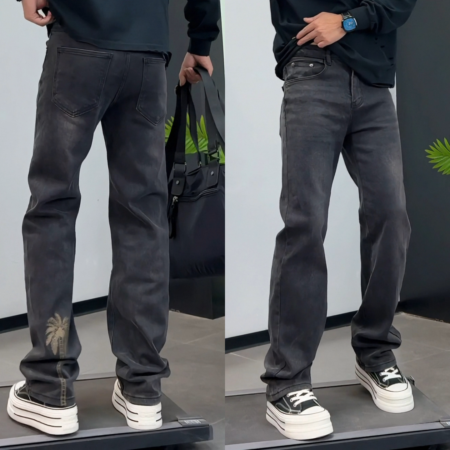 男士重磅休闲裤冬季上新椰树小众设计感美式复古黑灰色直筒牛仔裤