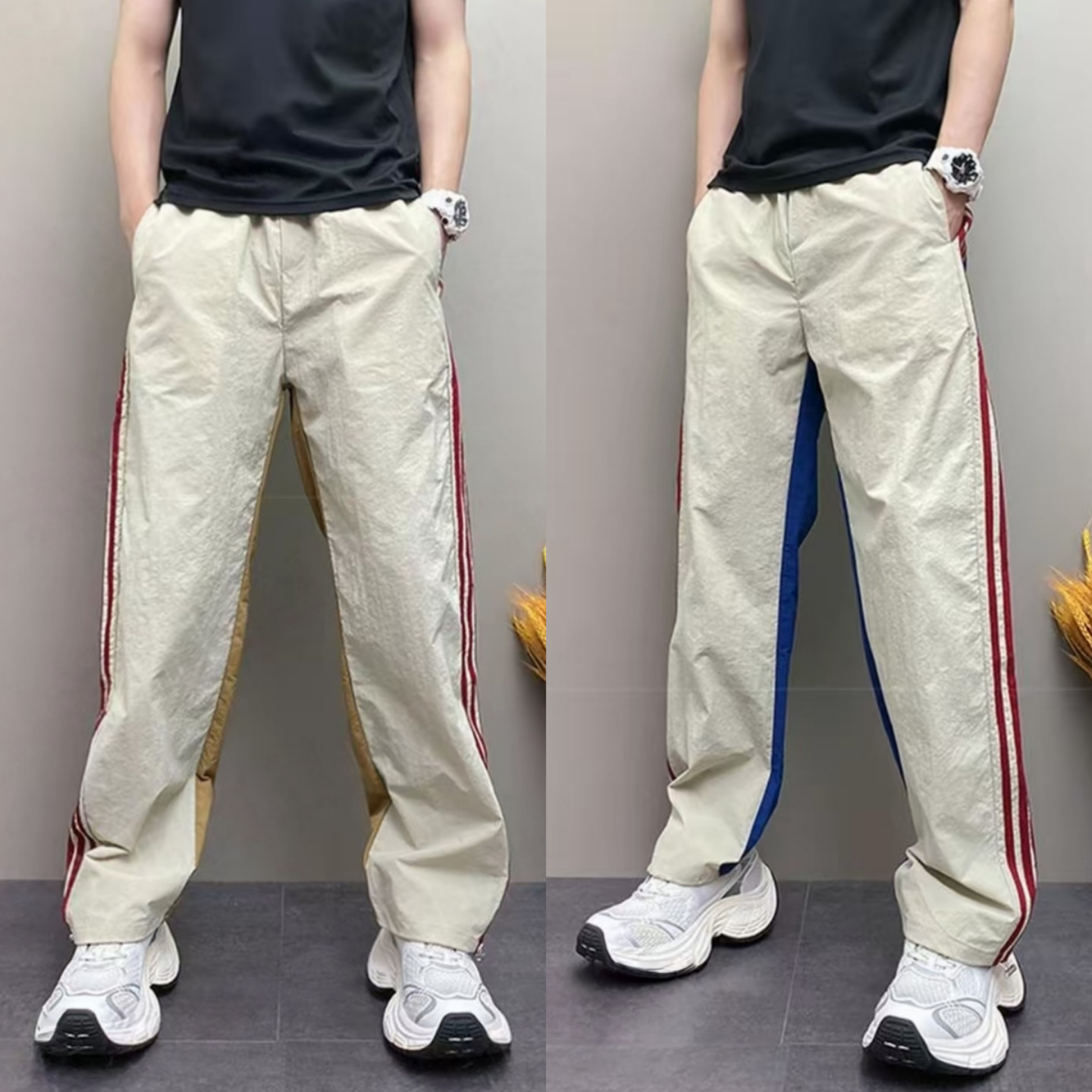 春季新款简约个性美式撞色拼接条纹款休闲裤舒适透气运动休闲卫裤