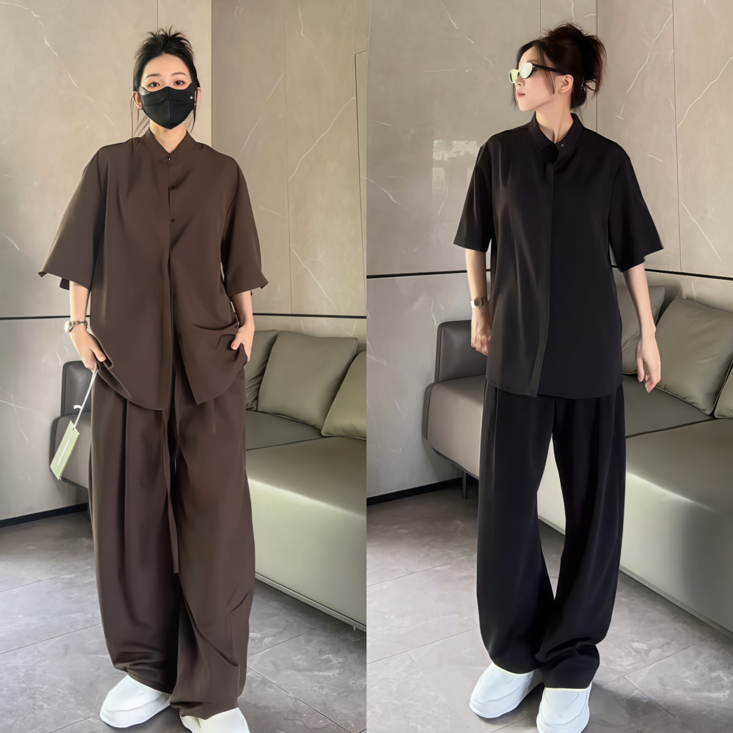 纯色短袖薄款衬衫男士夏季休闲套装时尚韩版休闲男女同款潮流小众