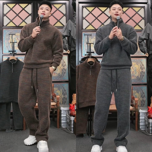 冬季新款时尚简约老钱风抓毛男士半拉链立领保暖卫衣休闲裤两件套