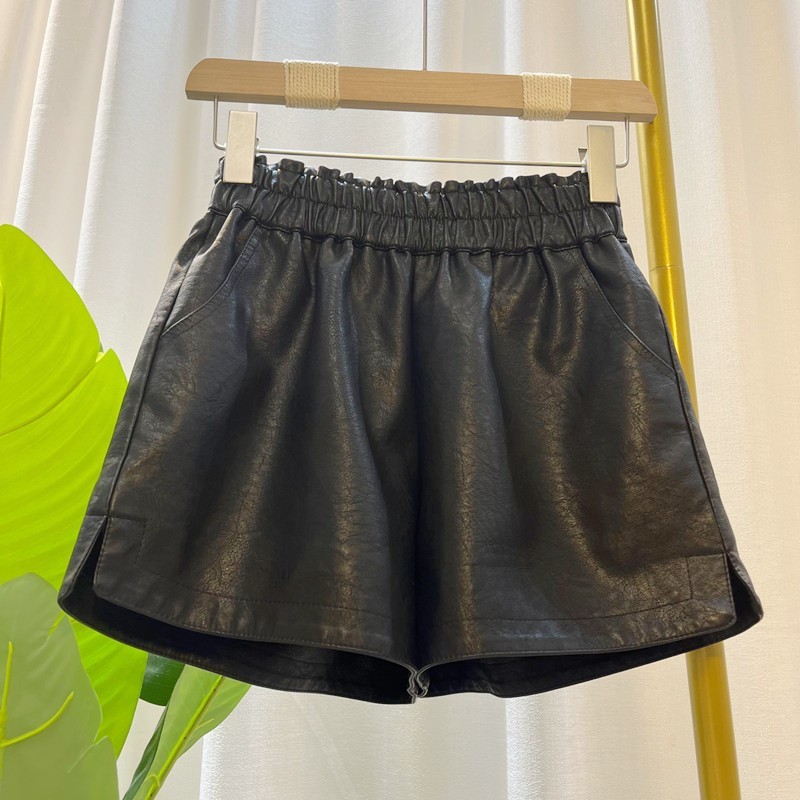 2025胖mm秋季高腰A字皮短裤女新款韩版宽松百搭松紧腰皮裤靴裤潮