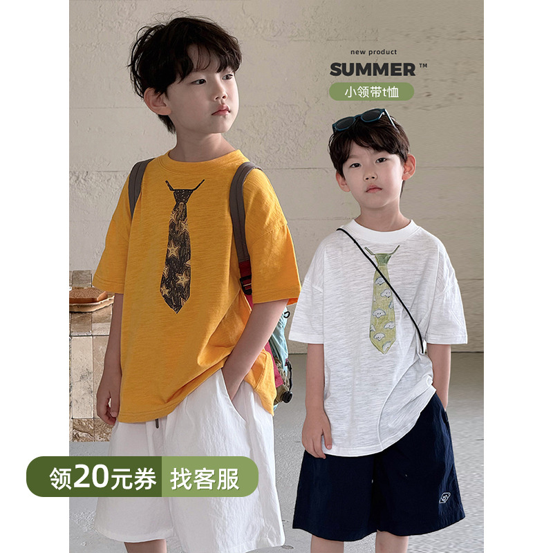 伊万童装夏季新品竹节棉领带上衣