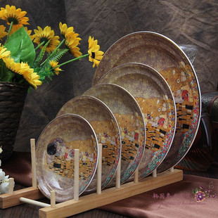 骨质瓷高档圆盘子韩国进口亲密爱人世界名画接吻圆形高档瓷盘新品