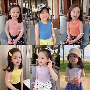 上衣甜美木耳边无袖 夏季 女宝宝纯色百搭修身 女童短袖 背心 T恤韩版