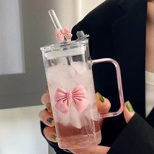女高颜值杯子家用透明耐高温玻璃杯 吸管杯方形带把手水杯2025新款