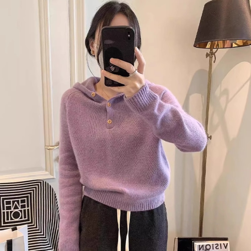 戎美衣尚连帽羊毛衫女宽松慵懒风针织上衣高级感休闲软糯毛衣打底