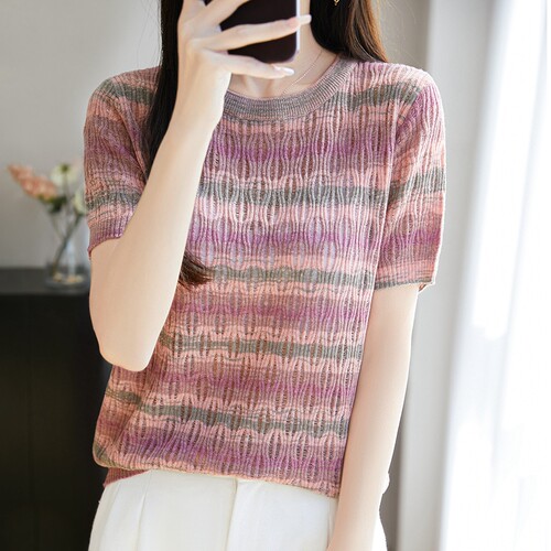 戎美衣尚精纺羊毛彩虹撞色短袖T恤宽松显瘦套头针织半袖上衣拼色