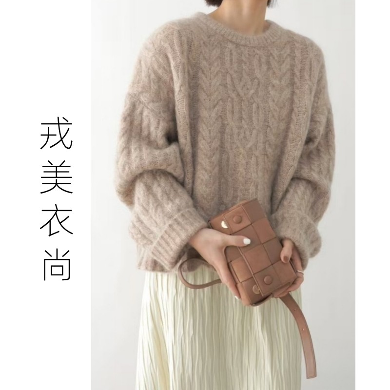 戎美衣尚重磅加厚圆领山羊绒衫女秋冬软糯休闲宽松麻花毛衣针织衫