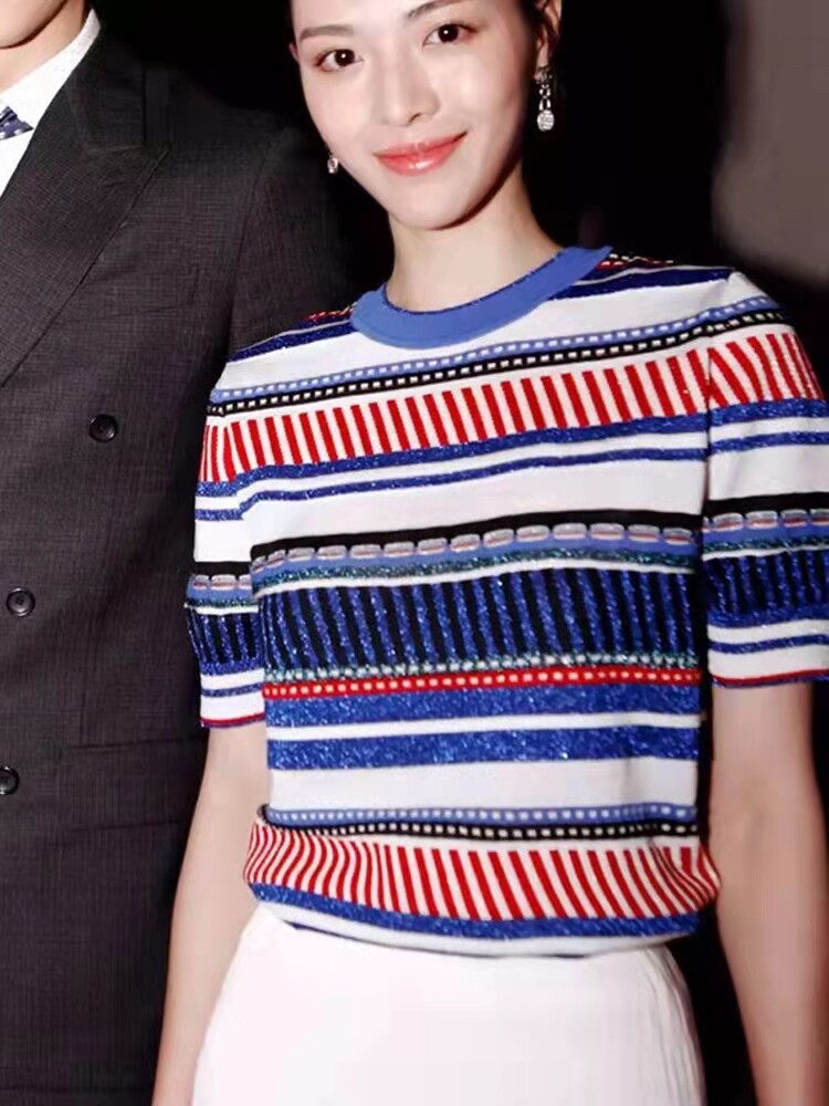 【明星同款】戎美衣尚纯棉短袖衫女夏季薄款套头圆领拼色条纹上衣