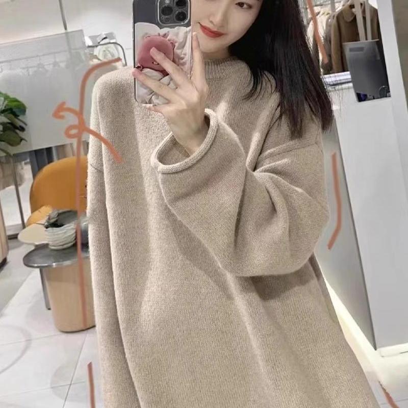 【断码清仓】戎美衣尚加厚软糯羊绒羊毛衫女圆领中长款毛衣宽松