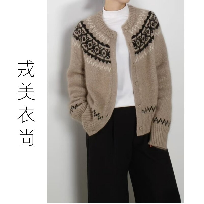 戎美衣尚纯山羊绒开衫女圆领复古外套针织衫软糯欧货毛衣宽松上衣