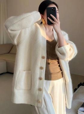戎美衣尚白色羊绒羊毛开衫外套女秋冬宽松加厚中长款v领针织衫