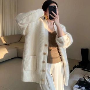 戎美衣尚白色羊绒羊毛开衫外套女秋冬宽松加厚中长款v领针织衫