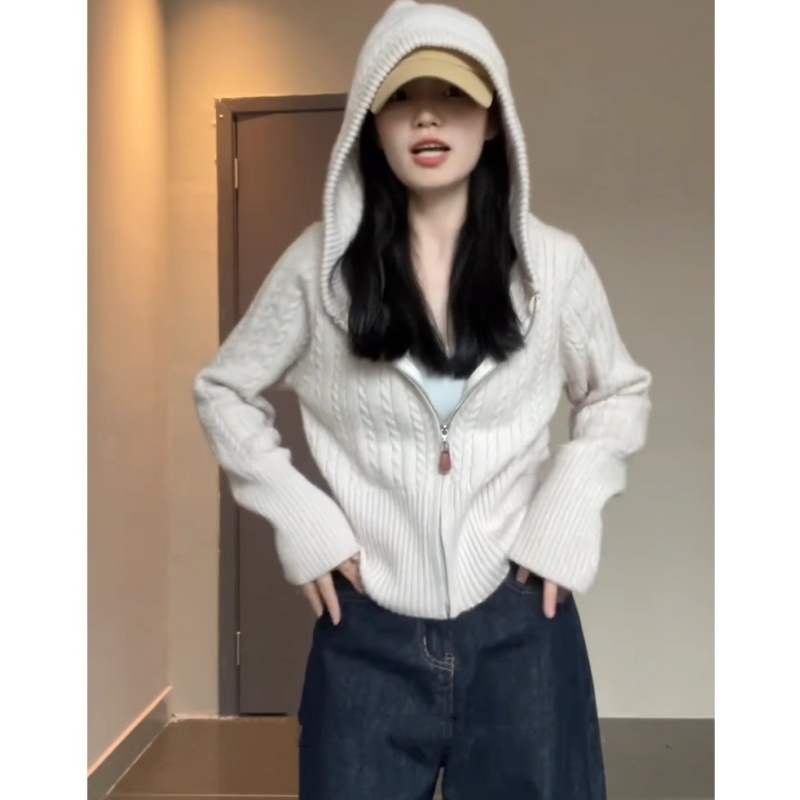戎美衣尚温柔麻花连帽针织开衫韩系慵懒拉链毛衣外套收腰百搭上衣