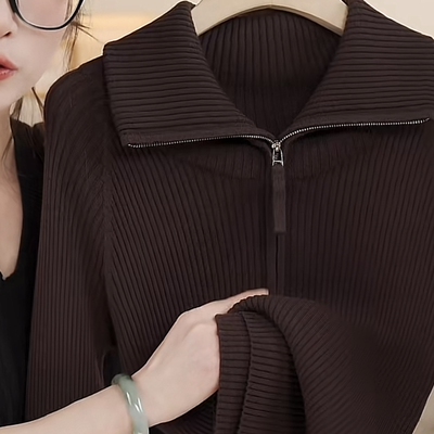 戎美衣尚新款显瘦时尚加厚羊绒羊毛开衫女拉链大翻领宽松针织外套