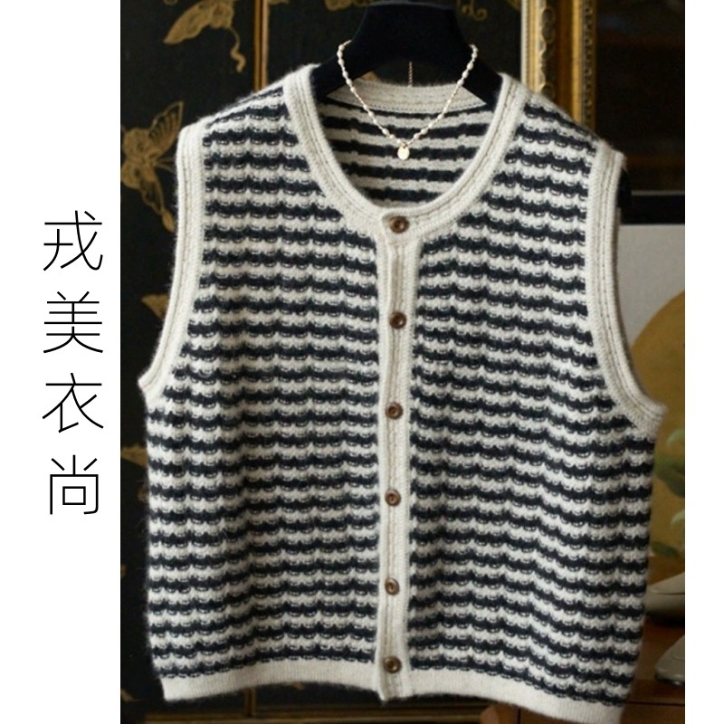 【断码清仓】戎美衣尚复古无袖条纹羊绒羊毛马甲毛衣女秋冬款背心