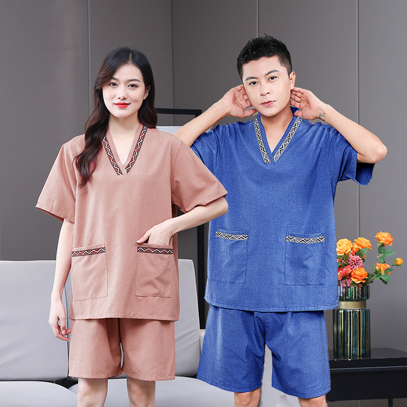 汗蒸服女情侣贡麻棉质大码男款桑拿服足疗店洗浴按摩浴衣家居睡衣