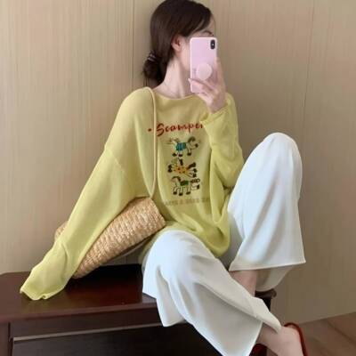 韩系可爱印花长袖防晒T恤女夏薄款宽松空调罩衫慵懒冰丝针织上衣