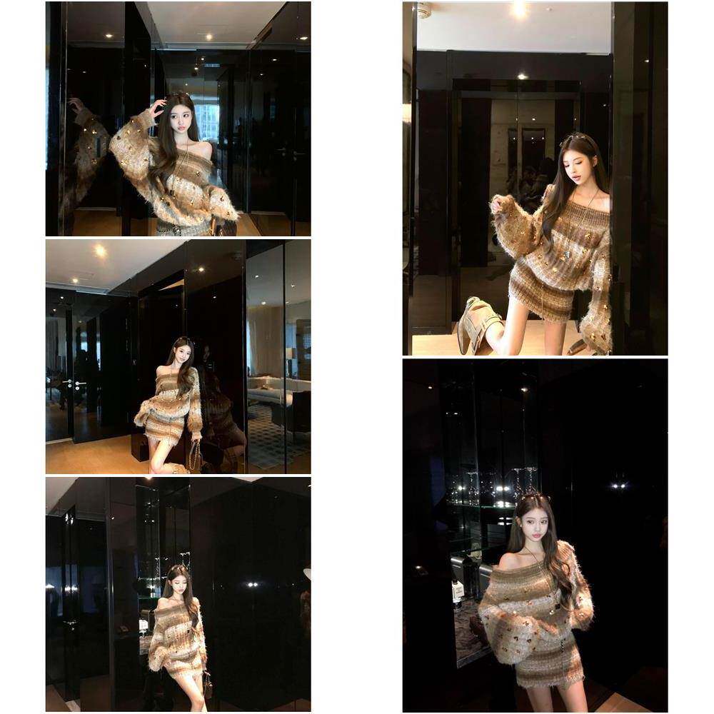 小众炸街高级感亮片斜肩针织连衣裙女2025秋冬新款撞色包臀短裙子