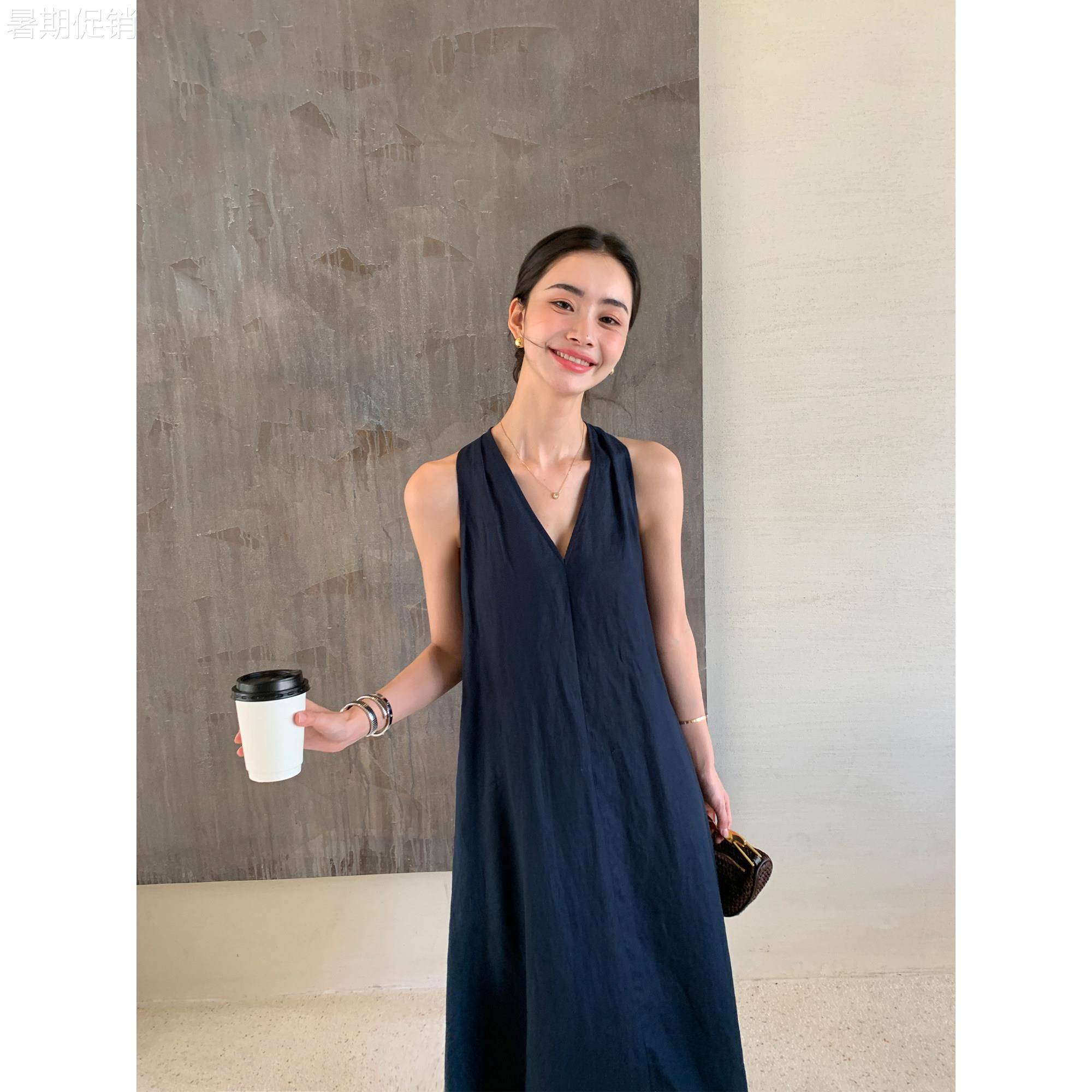 Maven Lin 极简高支100%亚麻V领挂颈洋装女度假风无袖背心长裙图片