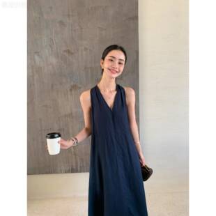 Maven Lin 极简高支100%亚麻V领挂颈洋装女度假风无袖背心长裙