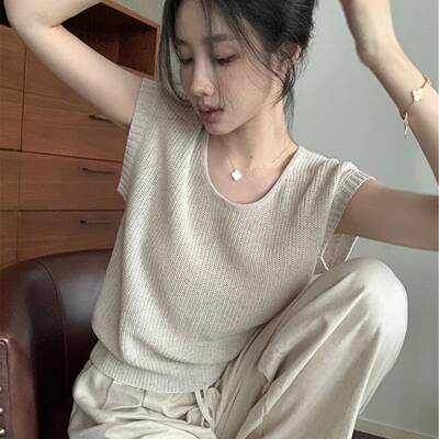 夏日亚麻无袖针织镂空背心女士外穿松弛感坎肩T恤巨好看小衫上衣