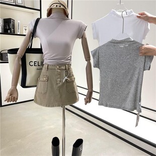 半高领T恤女2026夏季新款韩版黑色辣妹紧身显瘦短袖上衣打底衫潮