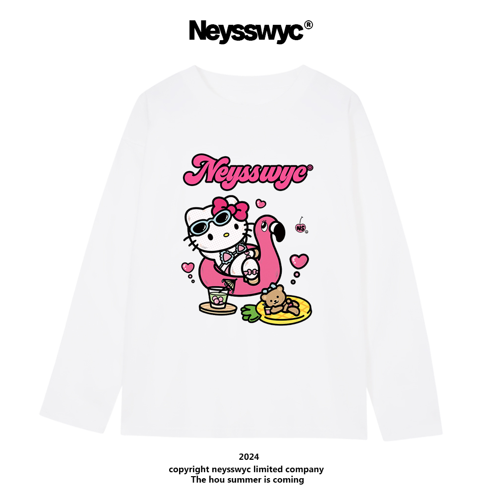 NEYSSWYC 火烈鸟趣味卡通KT动漫长袖T恤宽松百搭磨毛小众情侣猫咪