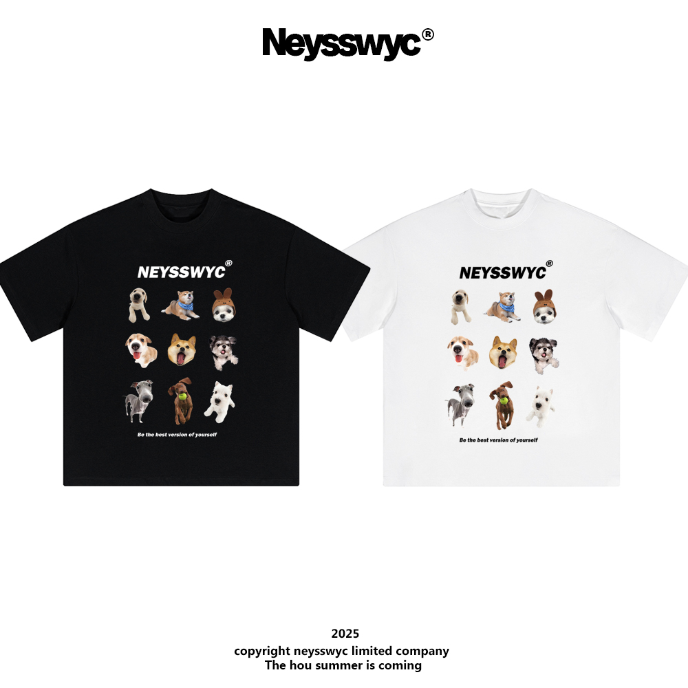NEYSSWYC  涂鸦卡通T恤可爱风百搭宽松ins圆领印花黑白夏季短袖